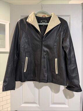 Vera Pelle Black Leather Jacket with Cream Trim Medium